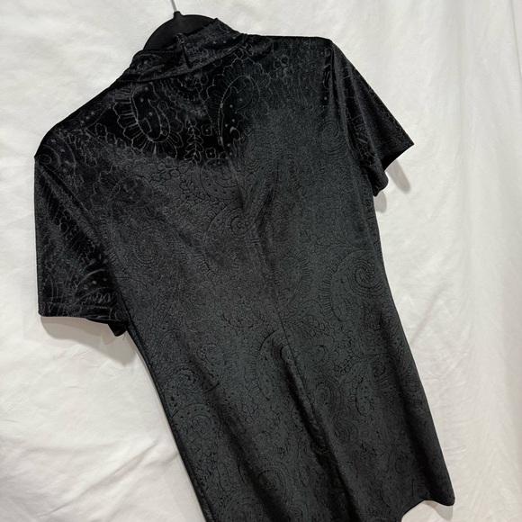 Black Velvet Burnout L/XL Paisley Mini Dress Mock Neck Short Sleeve Bodycon Y2K - Picture 10 of 15